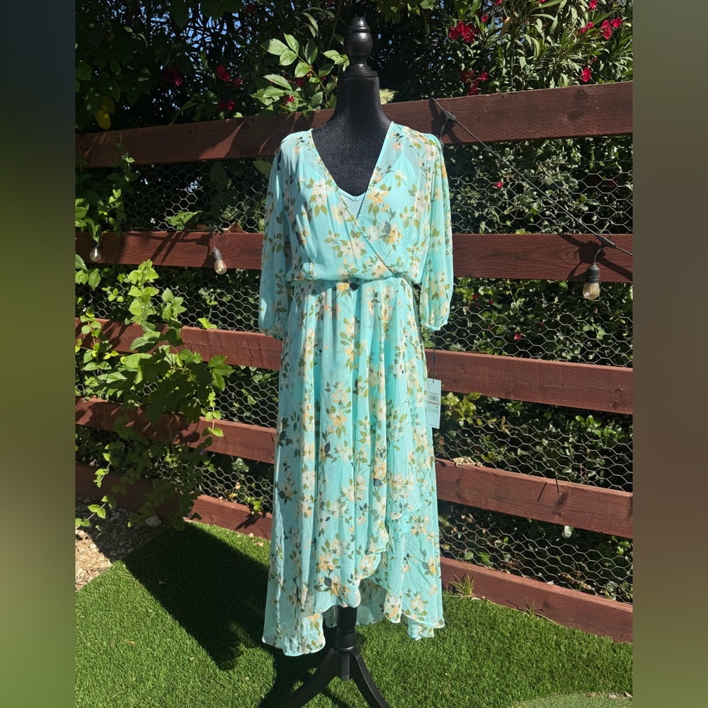 Calvin Klein Aqua Floral Wrap Maxi Dress